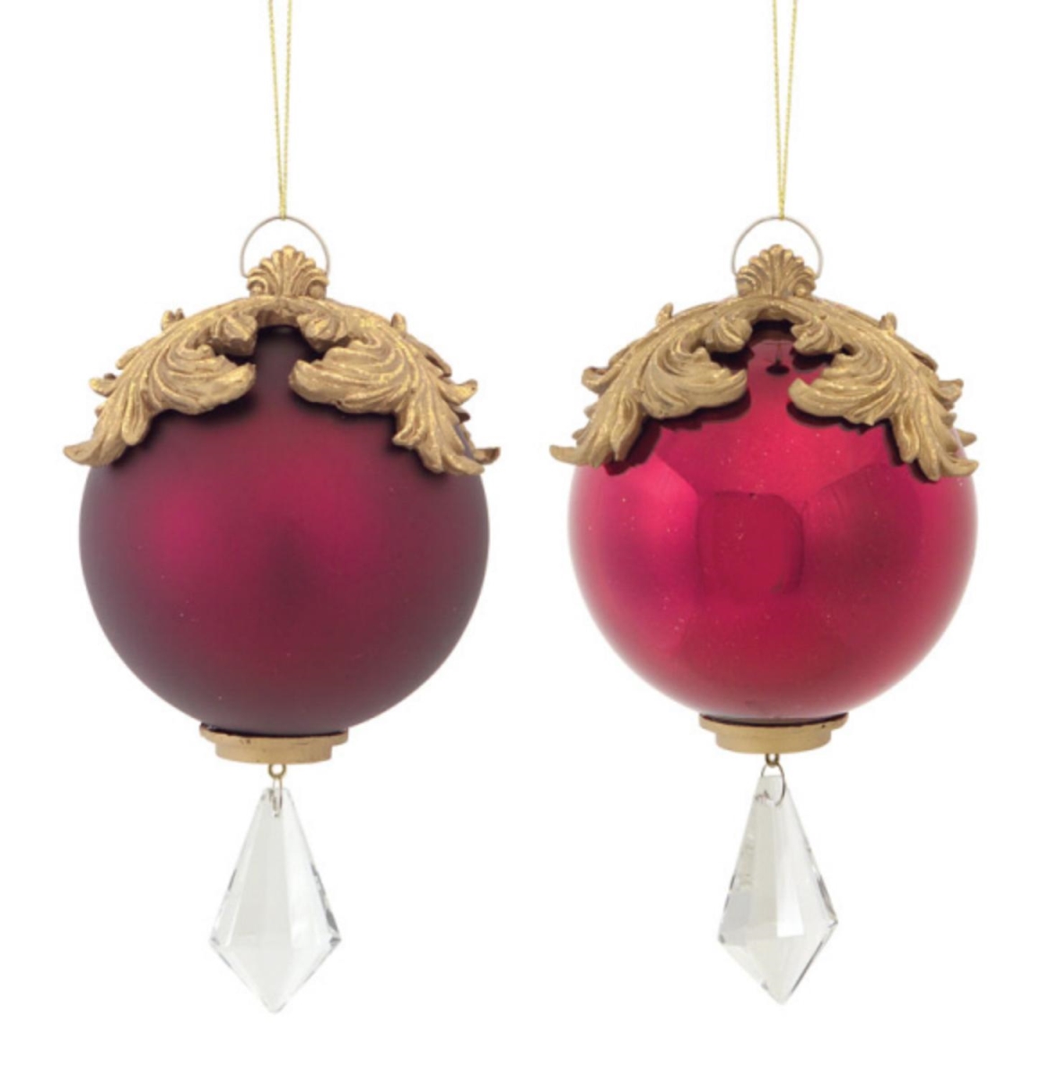 31465565 6.5 In. Red & Gold Raised Acanthus Leaf With Clear Jewel Dangle Christmas Ornament, Set Of 2