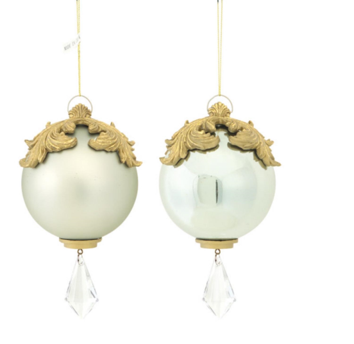 31465901 6.5 In. Silver & Gold Raised Acanthus Leaf With Clear Jewel Dangle Christmas Ornament, Set Of 2