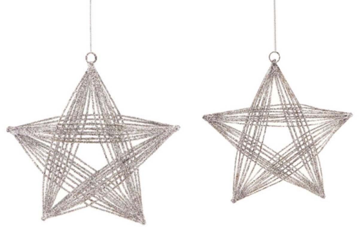 31452543 8.25 In. Silver Glittered Three Dimensional Wire Frame Star Christmas Ornaments, Set Of 2