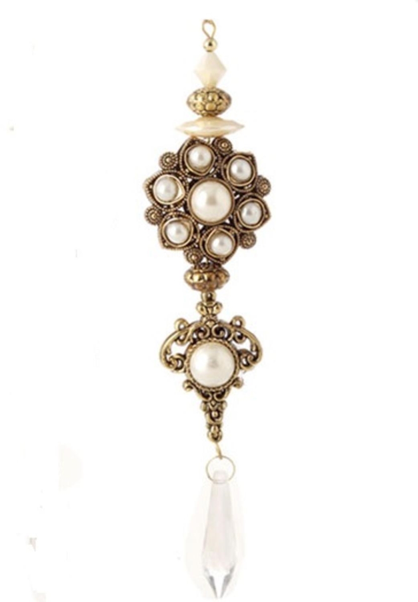 31451389 8 In. Glamour Time Antique Gold Pearl & Lucite Round Floral Conglomerate Drop Christmas Ornament