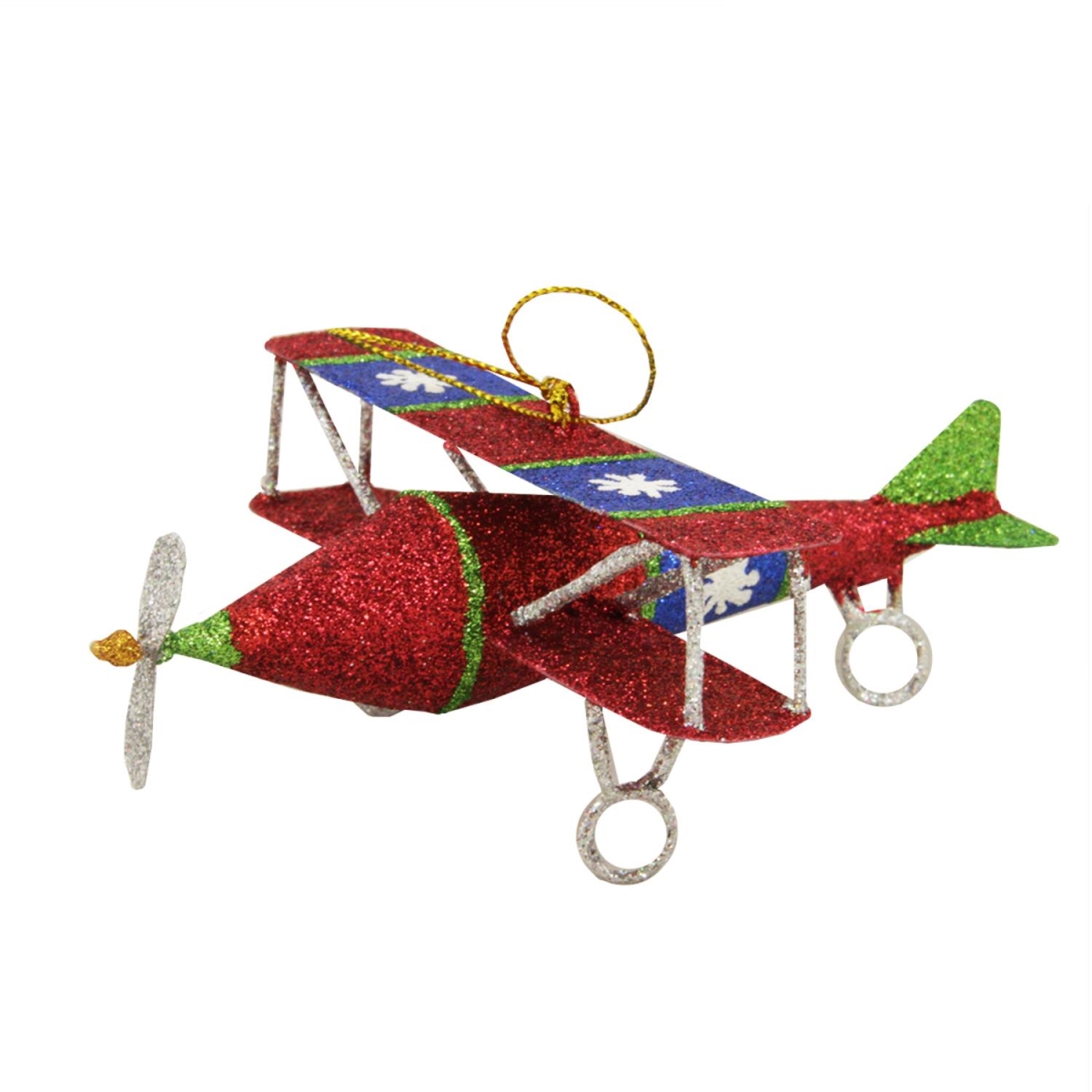 31104256 5 In. Glitter Drenched Snowflake Accented Biplane Christmas Ornament