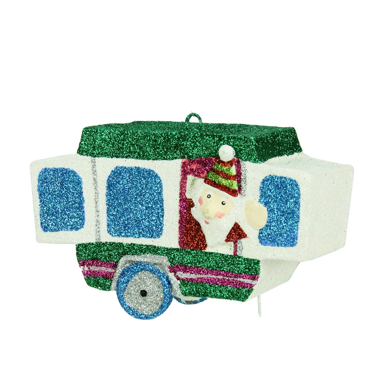 31421282 4.25 In. Santa Waving From A Glitter Drenched Vacation Camper Decorative Christmas Ornament