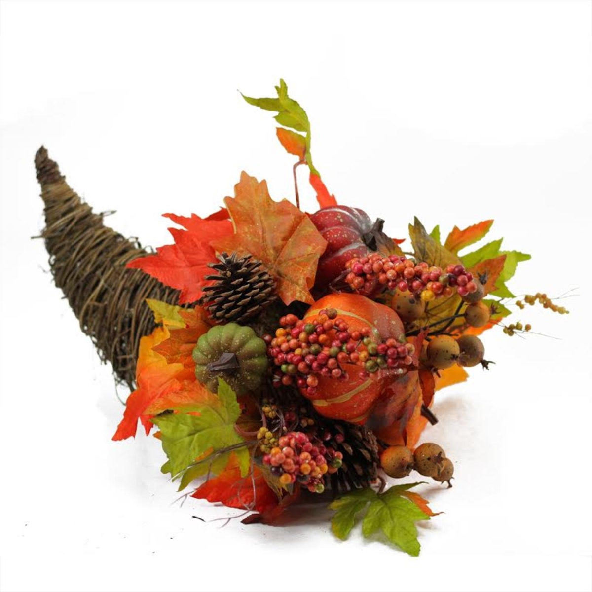 32275396 16 In. Autumn Harvest Pumpkin & Maple Leaf Grapevine Cornucopia Thanksgiving Decoration