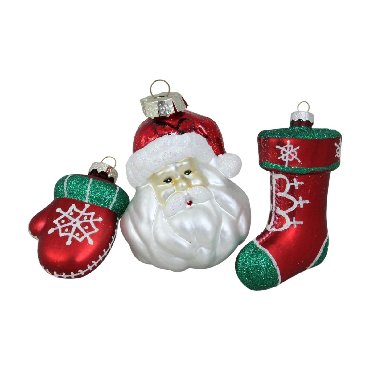 32608030 4.25 In. 3 - Piece Set Of Santa Mitten & Stocking Shaped Glass Christmas Ornaments