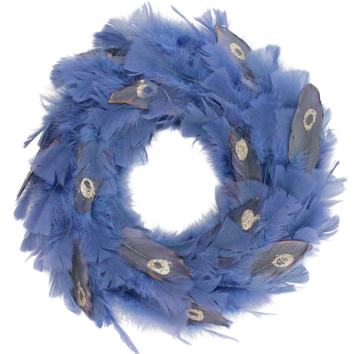32638313 14 In. Regal Peacock Embellished Blue Feather Artificial Christmas Wreath - Unlit