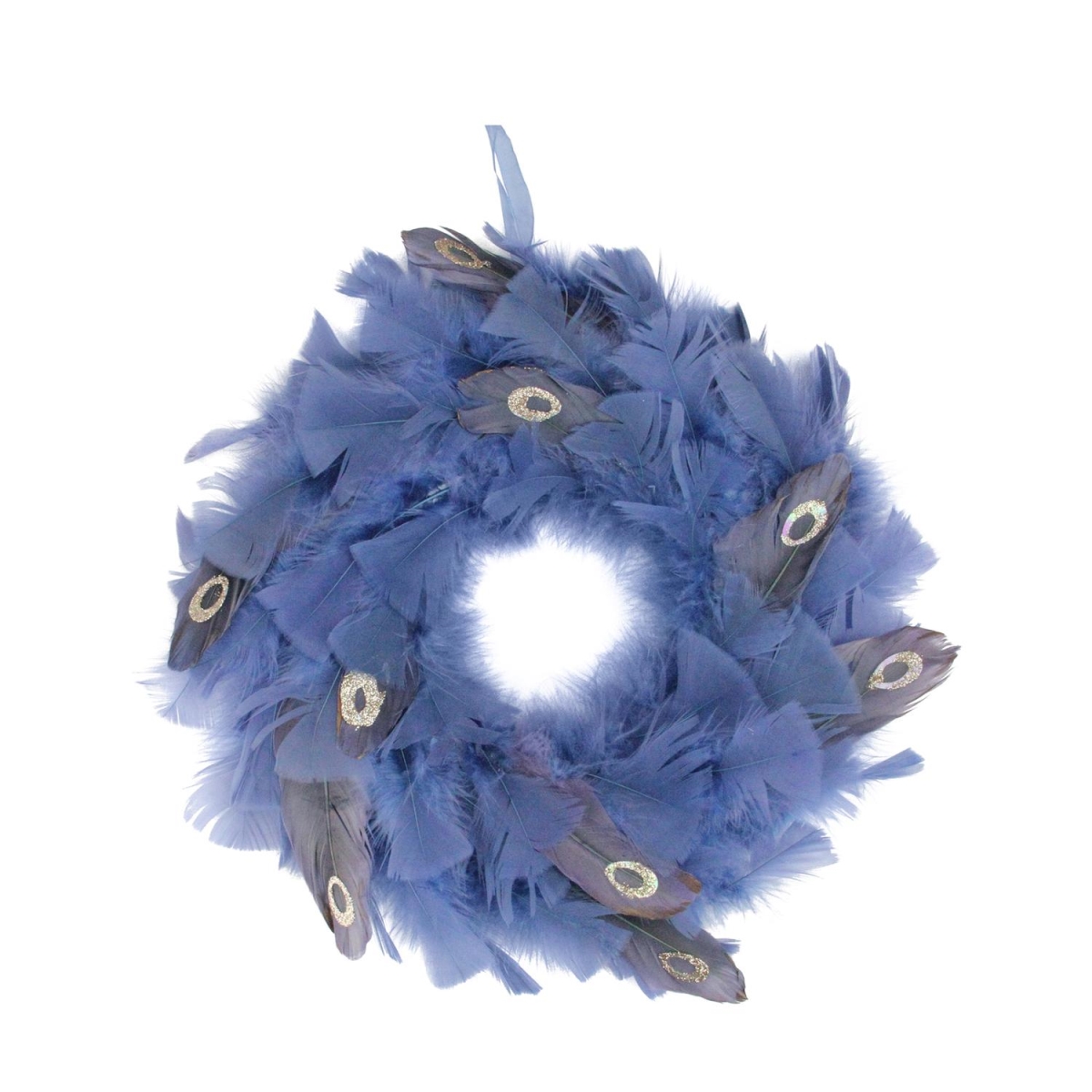 32638314 12 In. Regal Peacock Embellished Blue Feather Artificial Christmas Wreath - Unlit