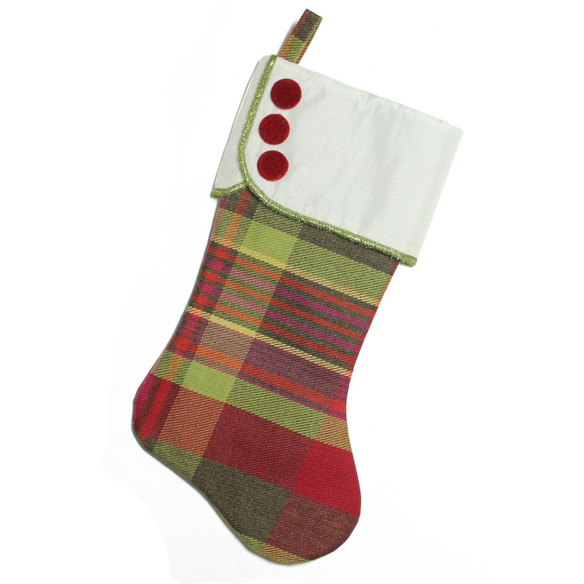 32637532 19 In. Multi Color Plaid Christmas Stocking With Green, Yellow Trim & Red Buttons