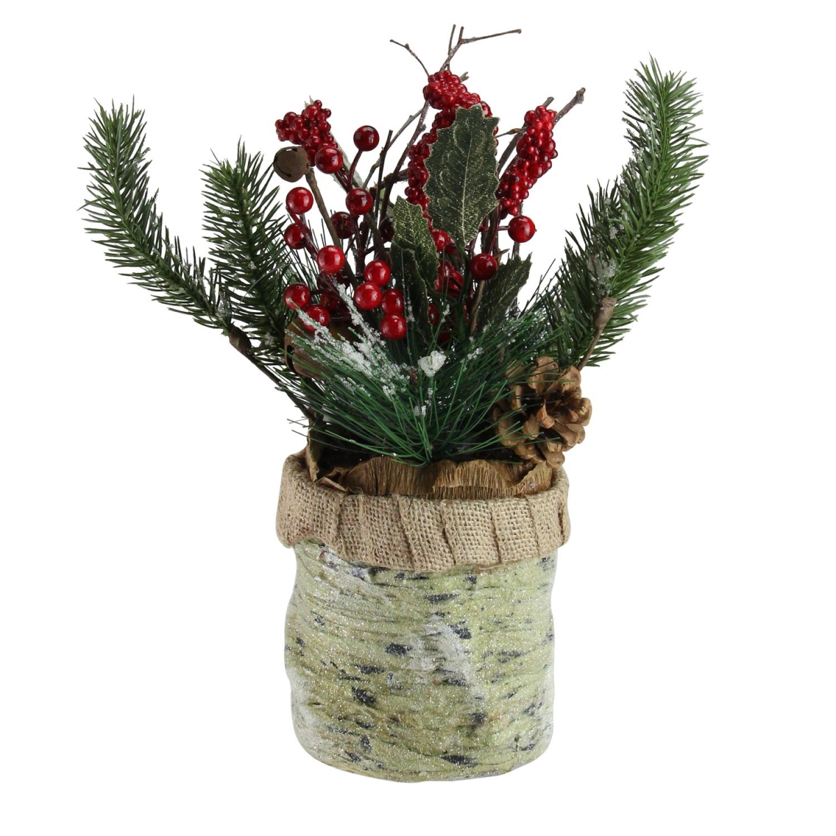 32632713 12 In. Artificial Red Berries Frosted Pine Needles & Twigs Christmas Centerpiece