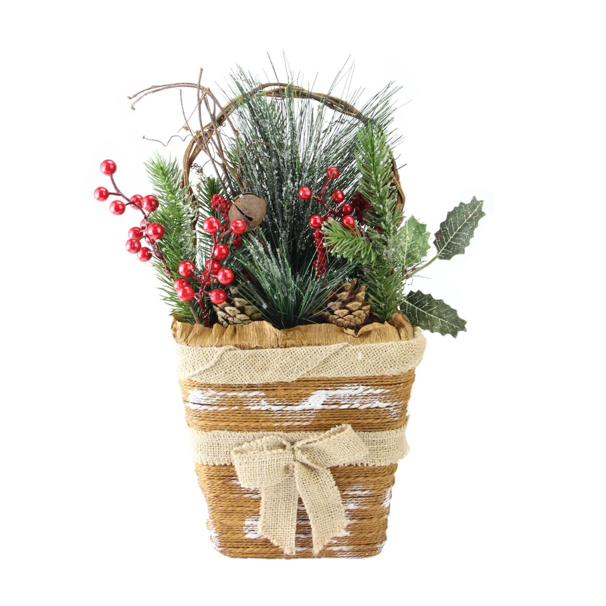 32634961 13.5 In. Artificial Frosted Pine Needles & Pine Cones Hanging Christmas Basket Decoration