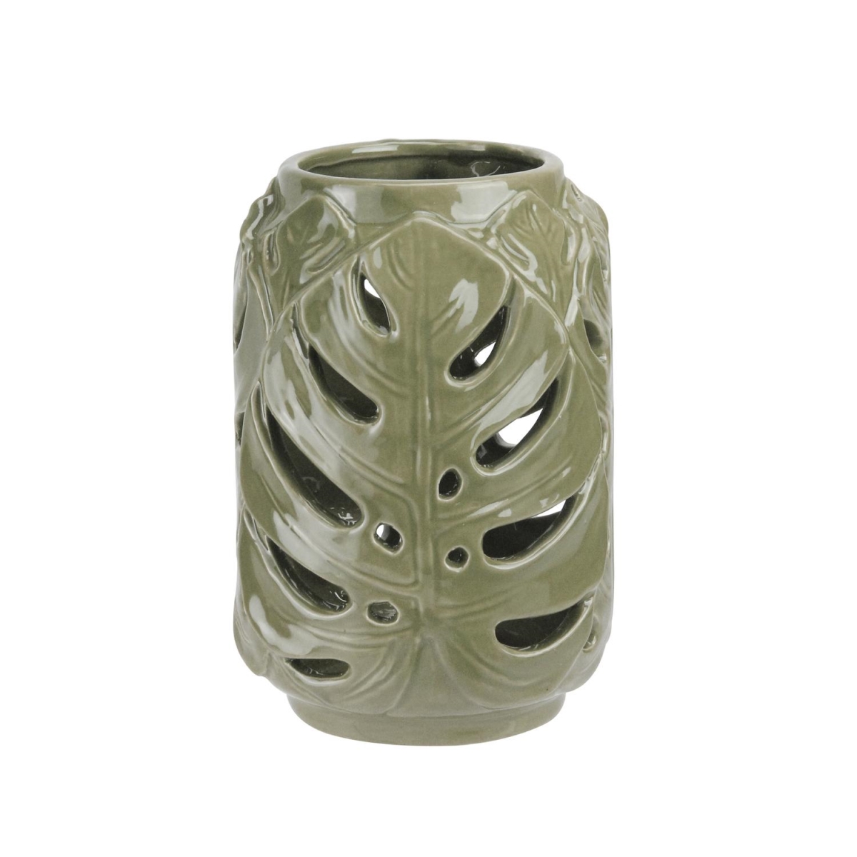 32723963 7 In. Elegant Moss Green Cutout Leaf Ceramic Candle Holder Lantern