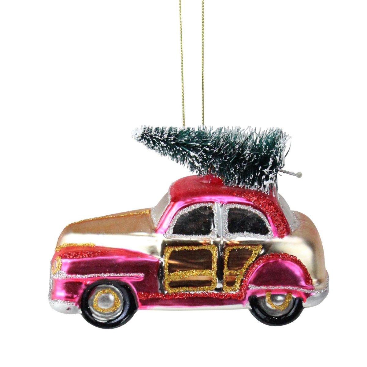 32803058 4.75 In. Festive Glittered Car With Christmas Tree On Top Glass Christmas Ornament