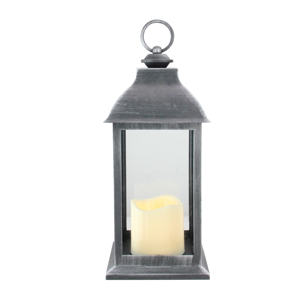 32816033 12.5 In. Silver & Brushed Black Candle Lantern With Flameless Led Candle