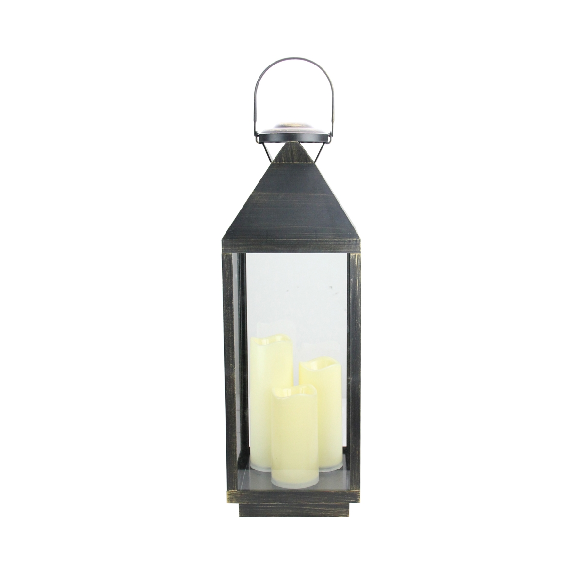 32816042 24 In. Large Gold Brushed & Black Candle Lantern With Flameless Led Candles