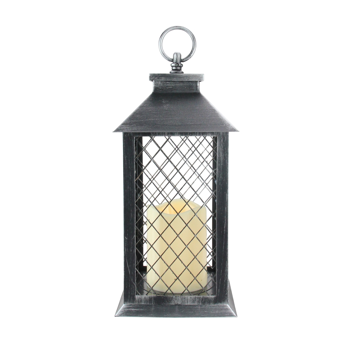 32816077 11 In. Silver Brushed & Black Mesh Candle Lantern With Flameless Led Candle
