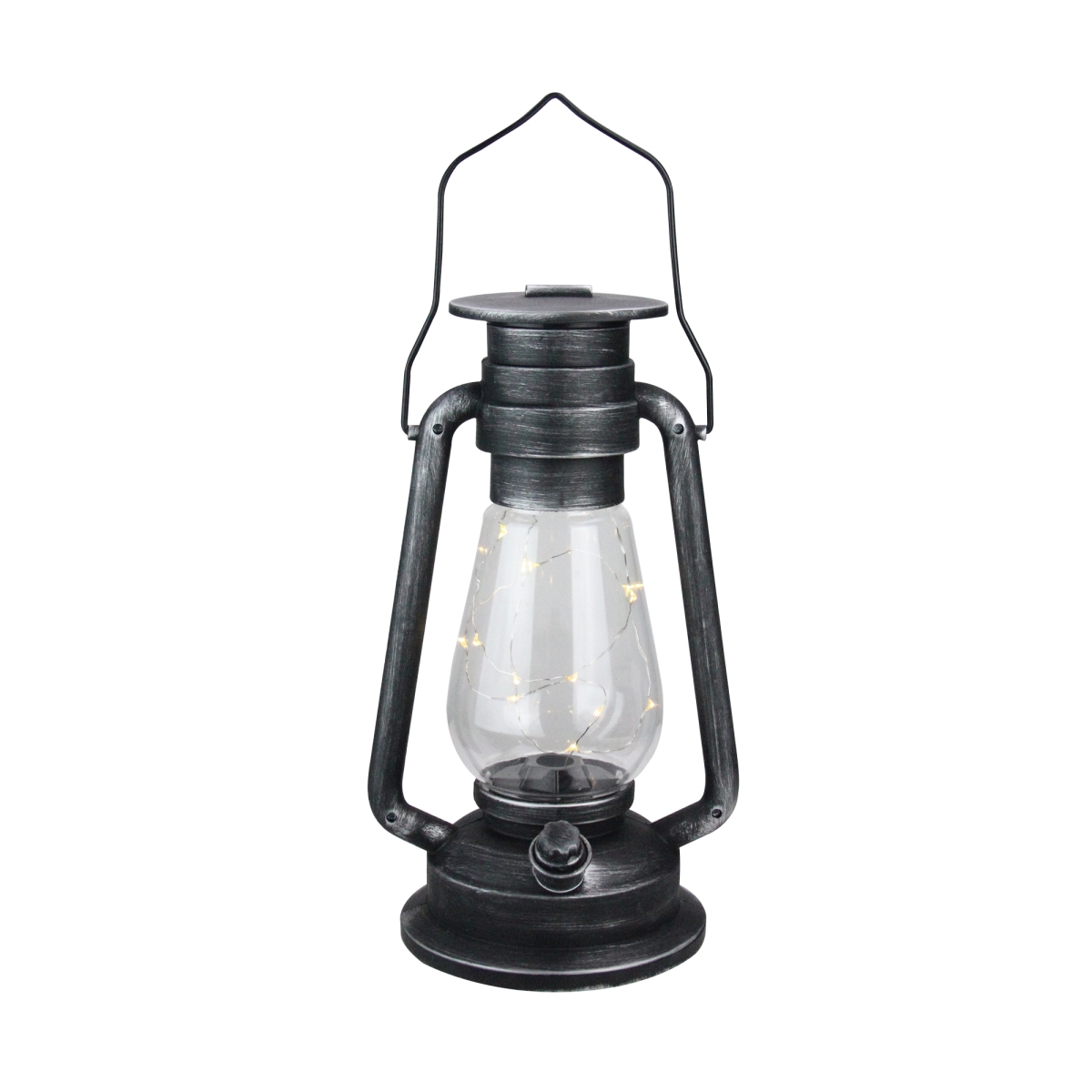 32756635 12 In. Silver Brushed & Black Traditional Lantern With Micro Lights