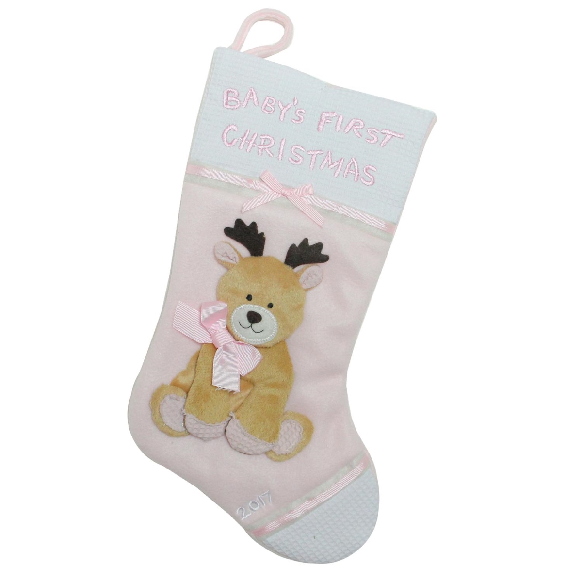 32629164 16 In. Pink & White Babys First Christmas With Reindeer Applique Fleece Christmas Stocking