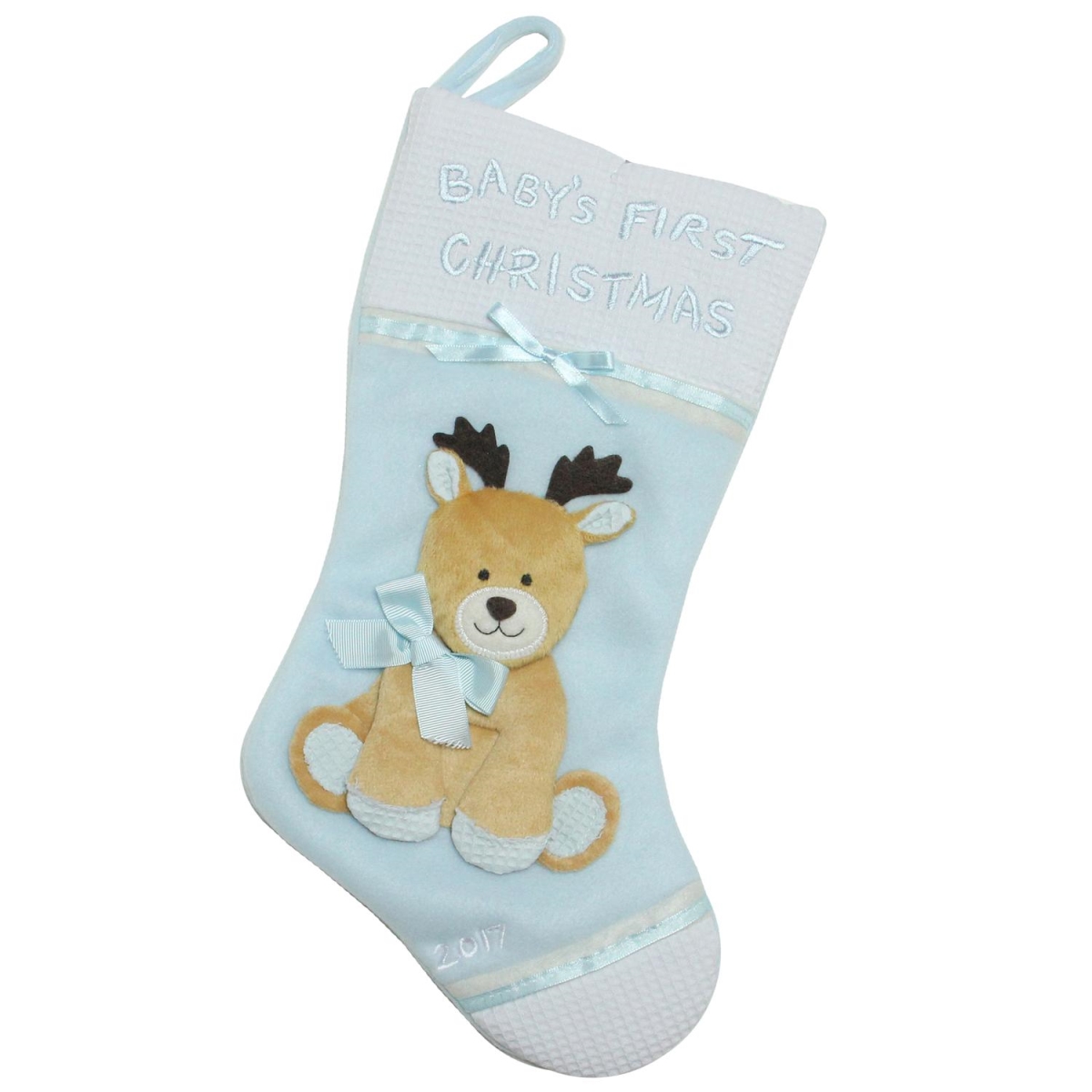 32629163 16 In. Blue & White Babys First Christmas With Reindeer Applique Fleece Christmas Stocking