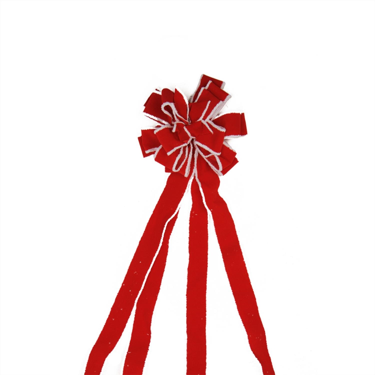 32264973 48 In. Red Velveteen With White Chenille Edges 16 Loop Christmas Tree Topper Bow Decoration