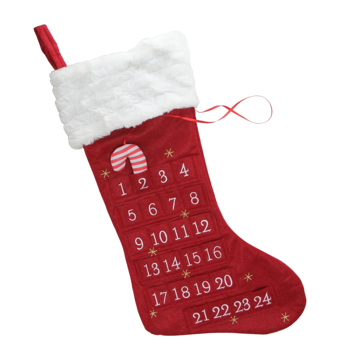 32630301 22 In. Red & White With Faux Fur Cuff & Candy Cane Marker Advent Christmas Stocking