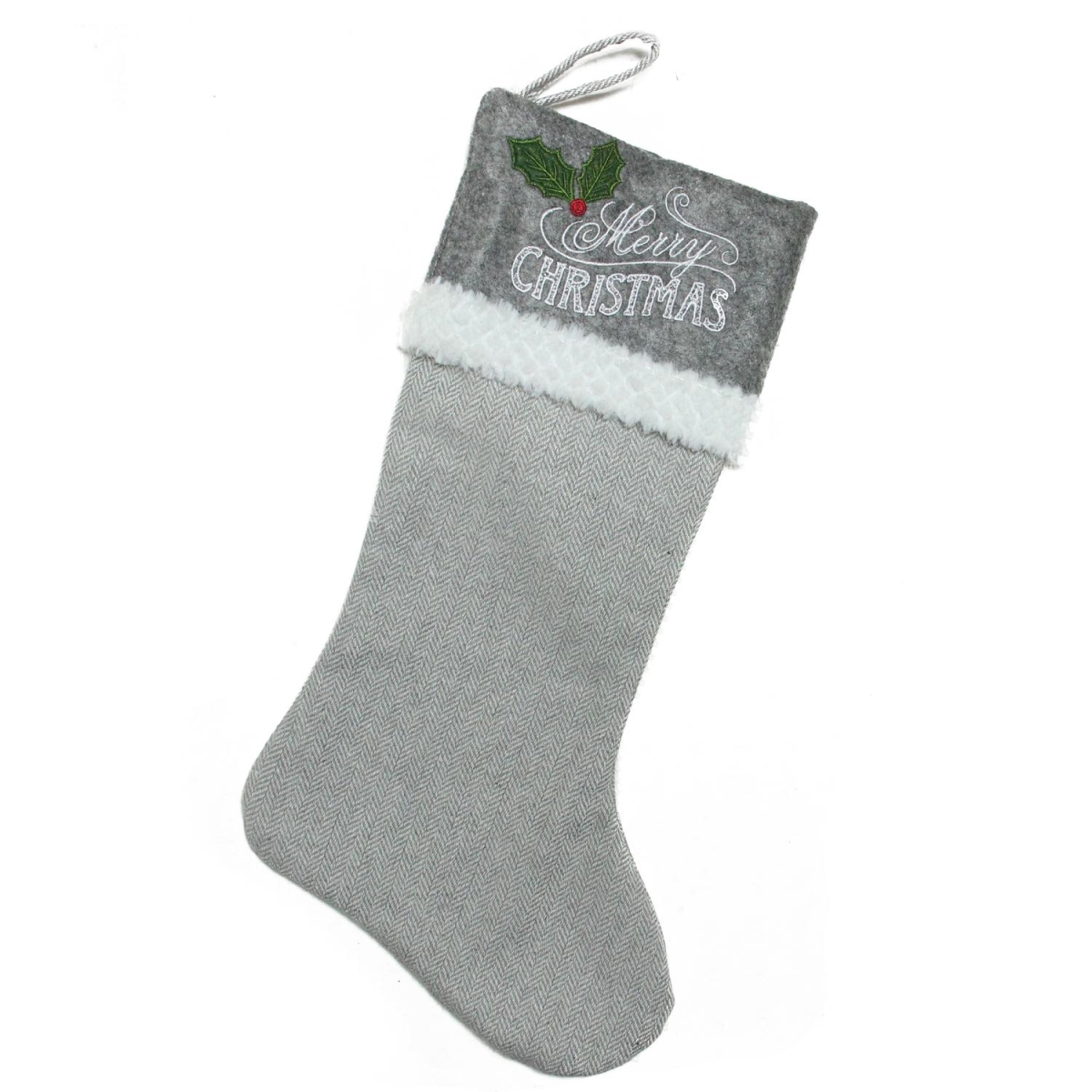 32629162 21 In. Gray & White Merry Christmas Herringbone Patterned With Felt Cuff Christmas Stocking