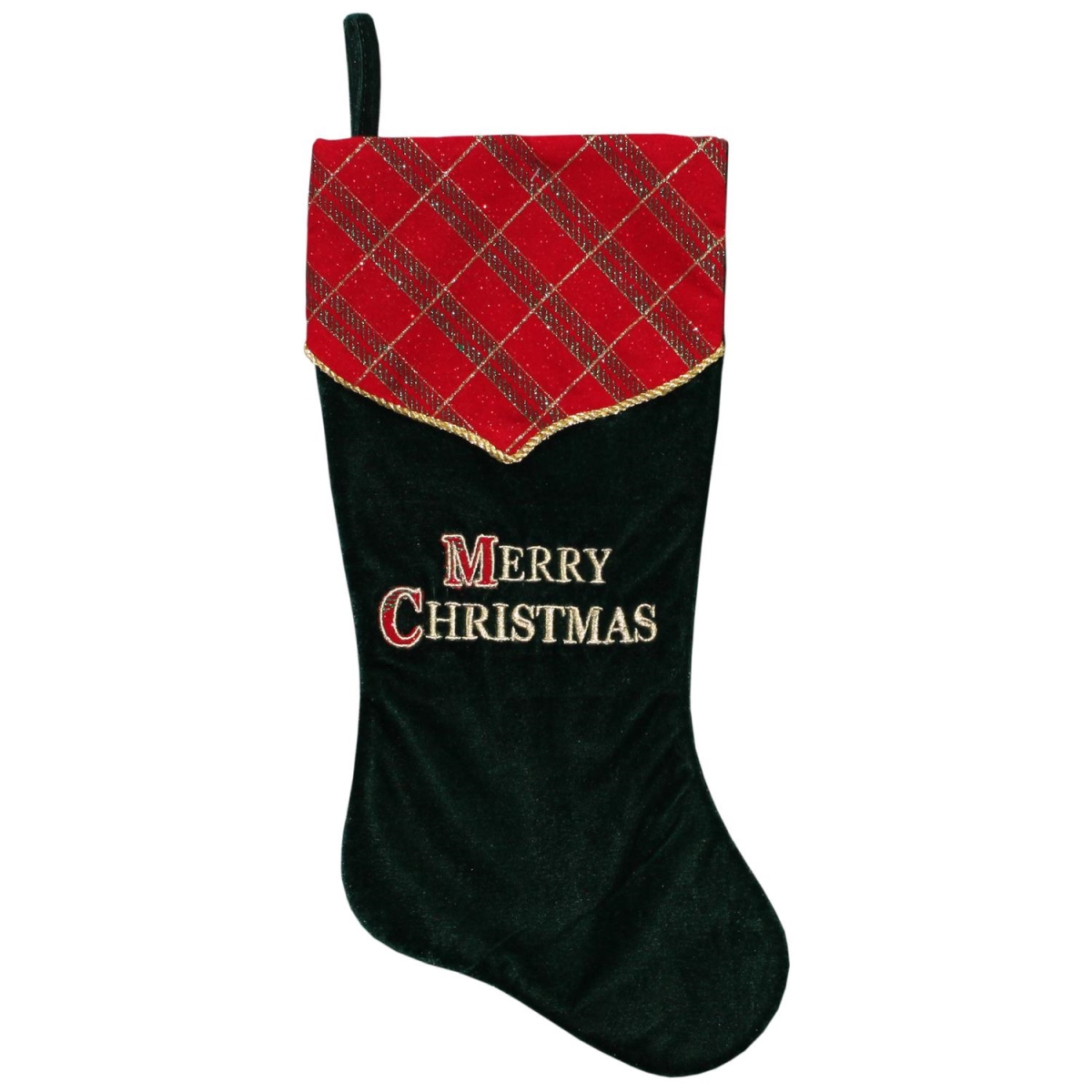 32635893 19 In. Green Velvet Christmas Stocking With Red Plaid Metallic Cuff Embroidered Design & Cord Piping
