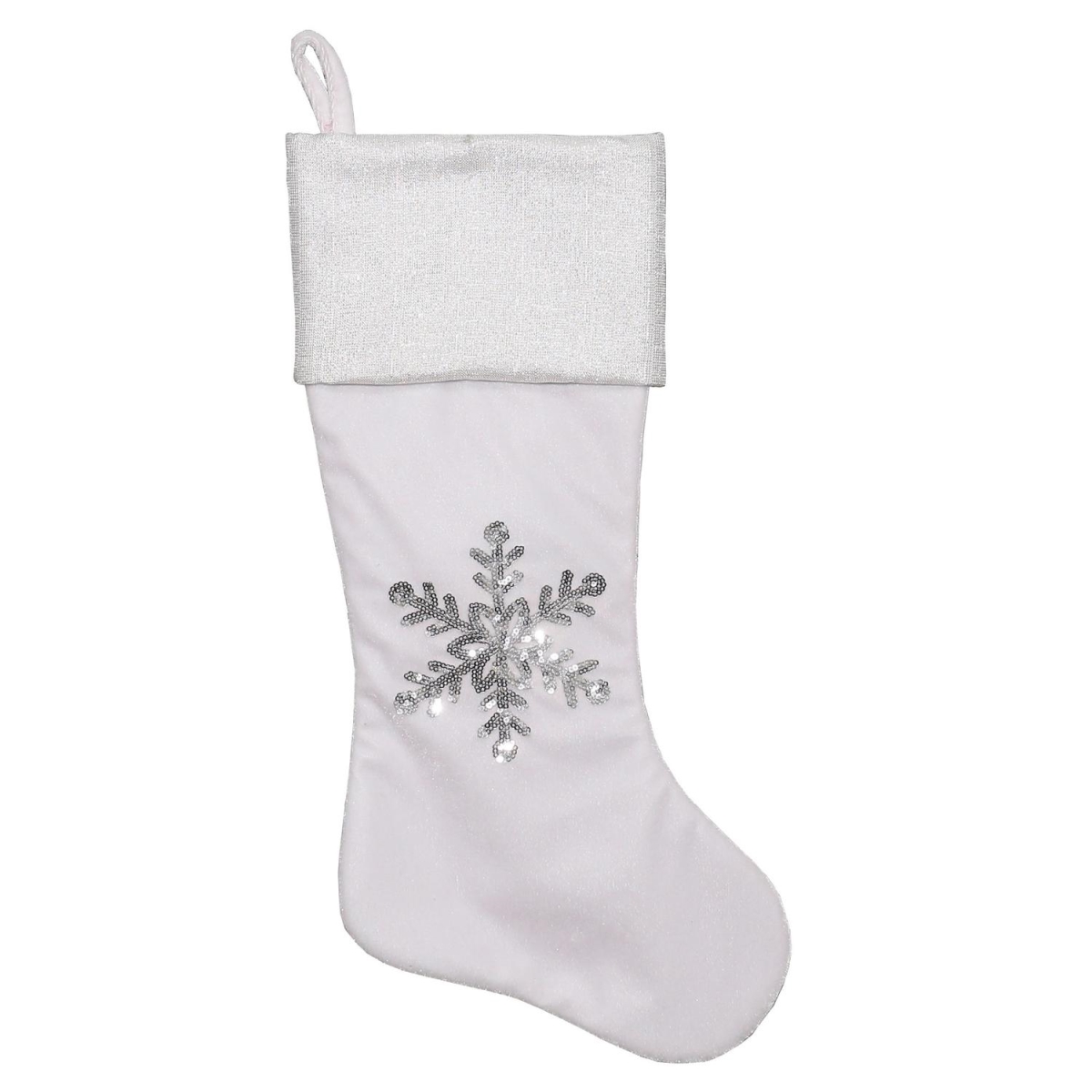 32635901 20 In. White Velvet Christmas Stocking With Silver Metallic Cuff & Silver Sequined Snowflake Design