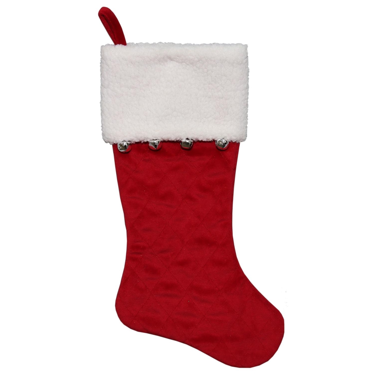 32635927 20.5 In. Red Velvet Quilted Silver Jingle Bell Decorative Christmas Stocking With Sherpa Cuff