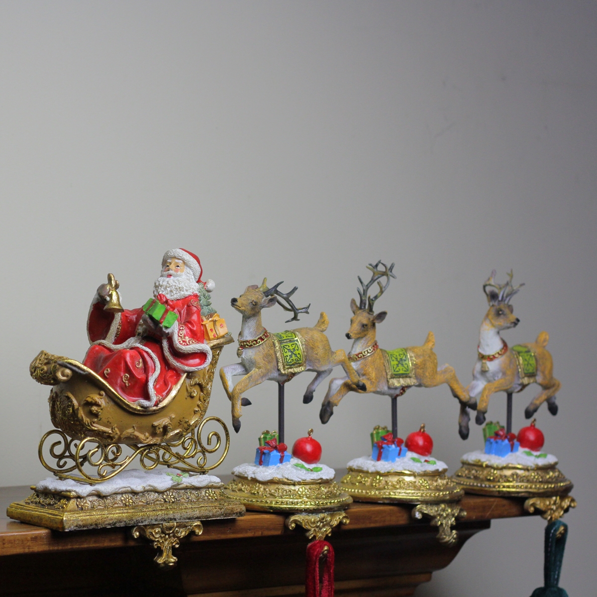 32915469 Santa & Reindeer Glittered Christmas Stocking Holder, 9.5 In. - Set Of 4