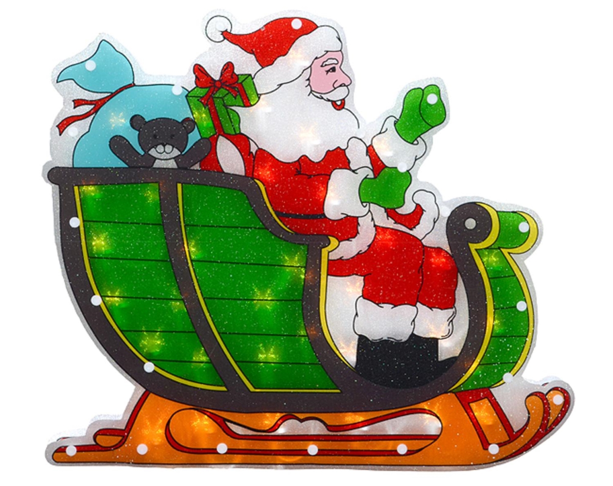 32913612 17 In. Double-sided Lighted Shimmering Santa In Sleigh Christmas Window Silhouette