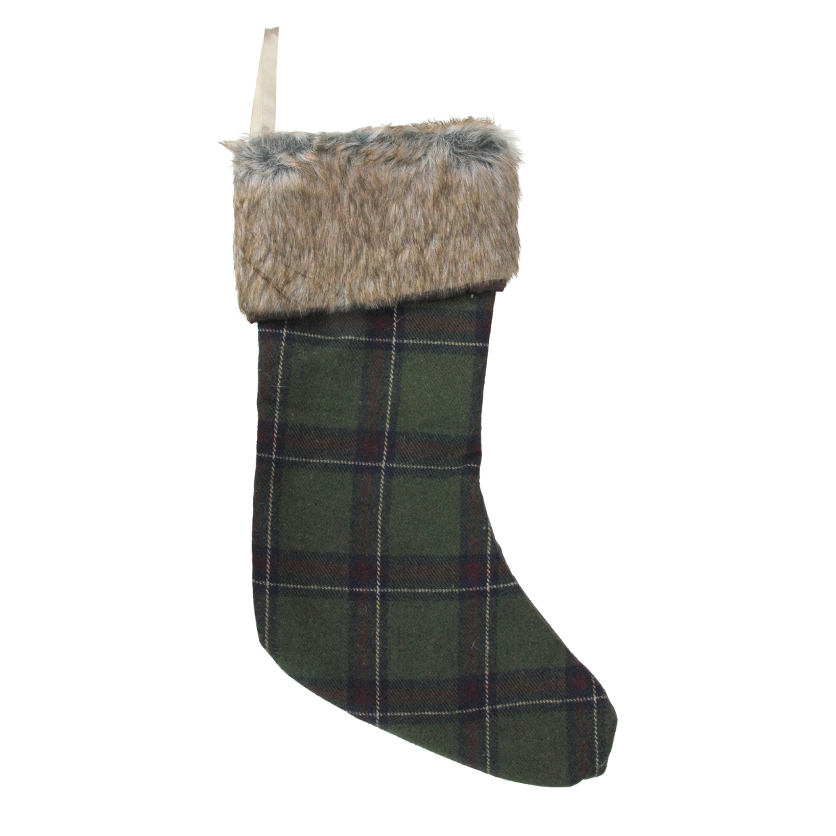 32913565 17.5 In. Green Plaid Christmas Stocking With Beige Faux Fur Cuff