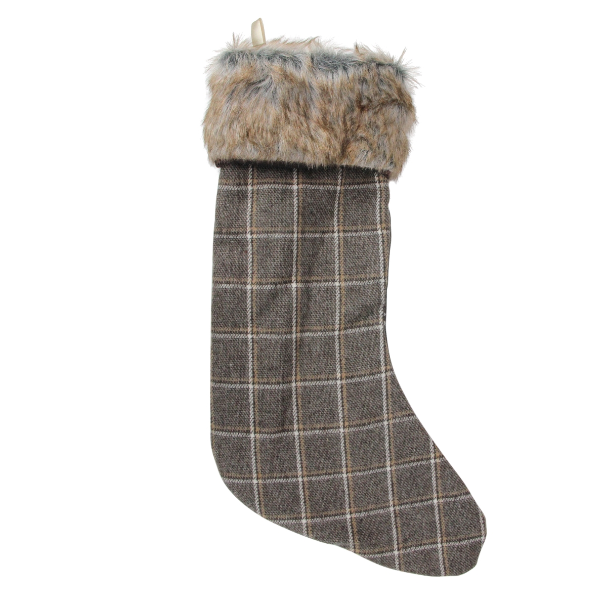 32913566 17.5 In. Brown Plaid Christmas Stocking With Faux Fur Cuff