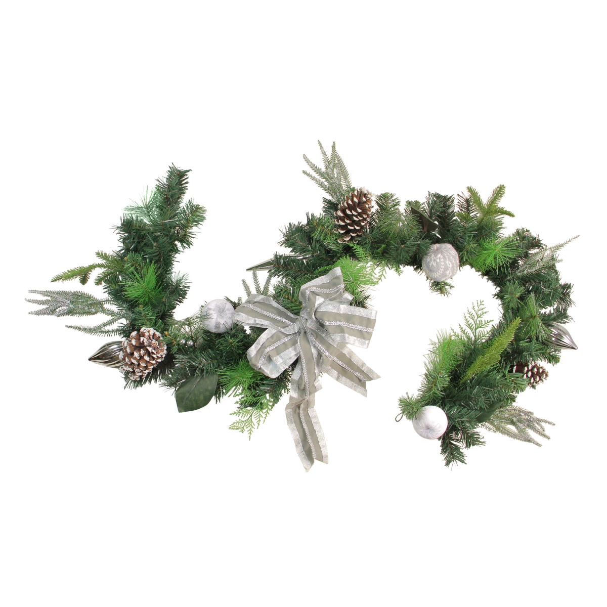 32912583 6 Ft. X 11 In. White & Silver Bow & Pine Cone Artificial Christmas Garland - Unlit