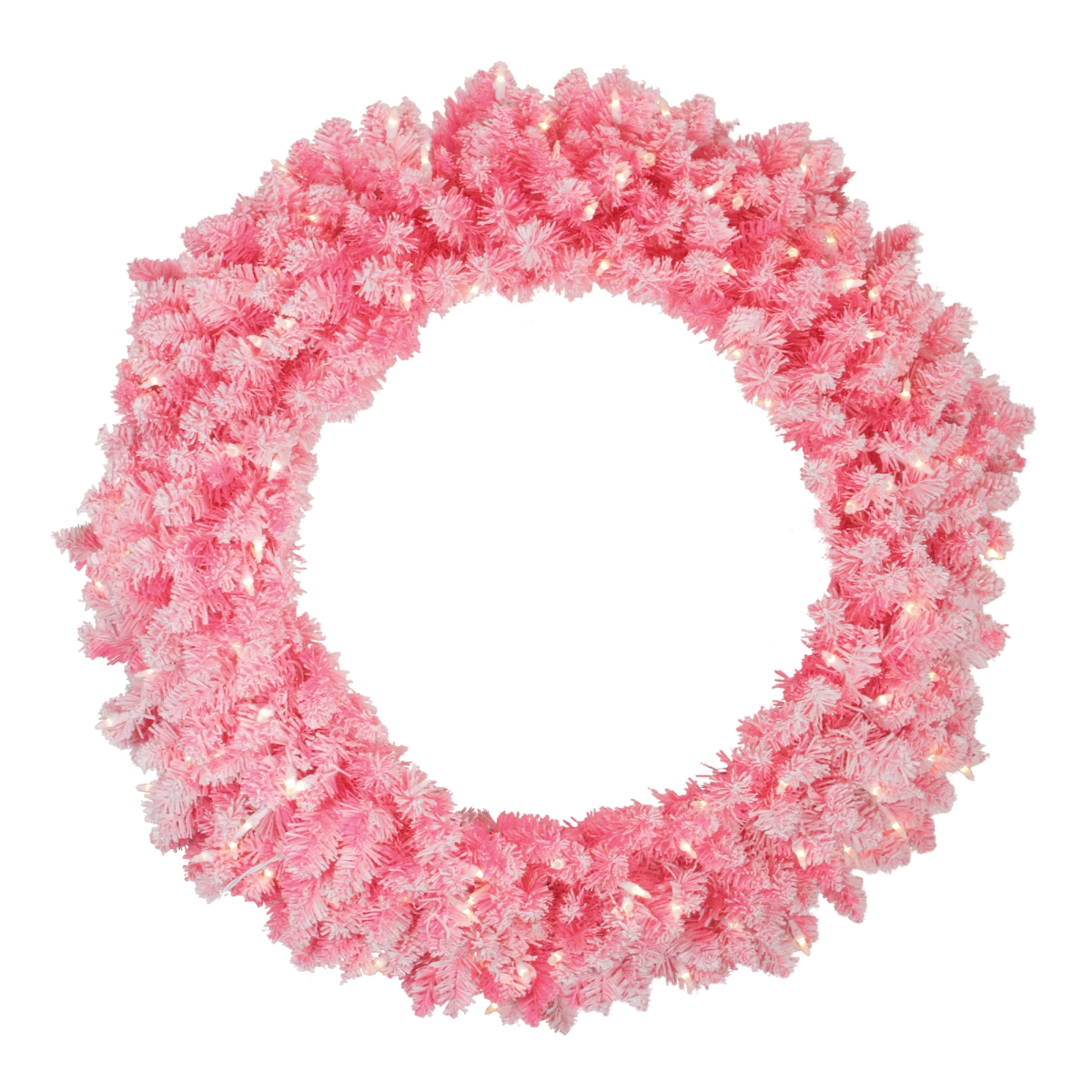 32915354 Pre-lit Flocked Pink Artificial Christmas Wreath - 36 In. Clear Lights