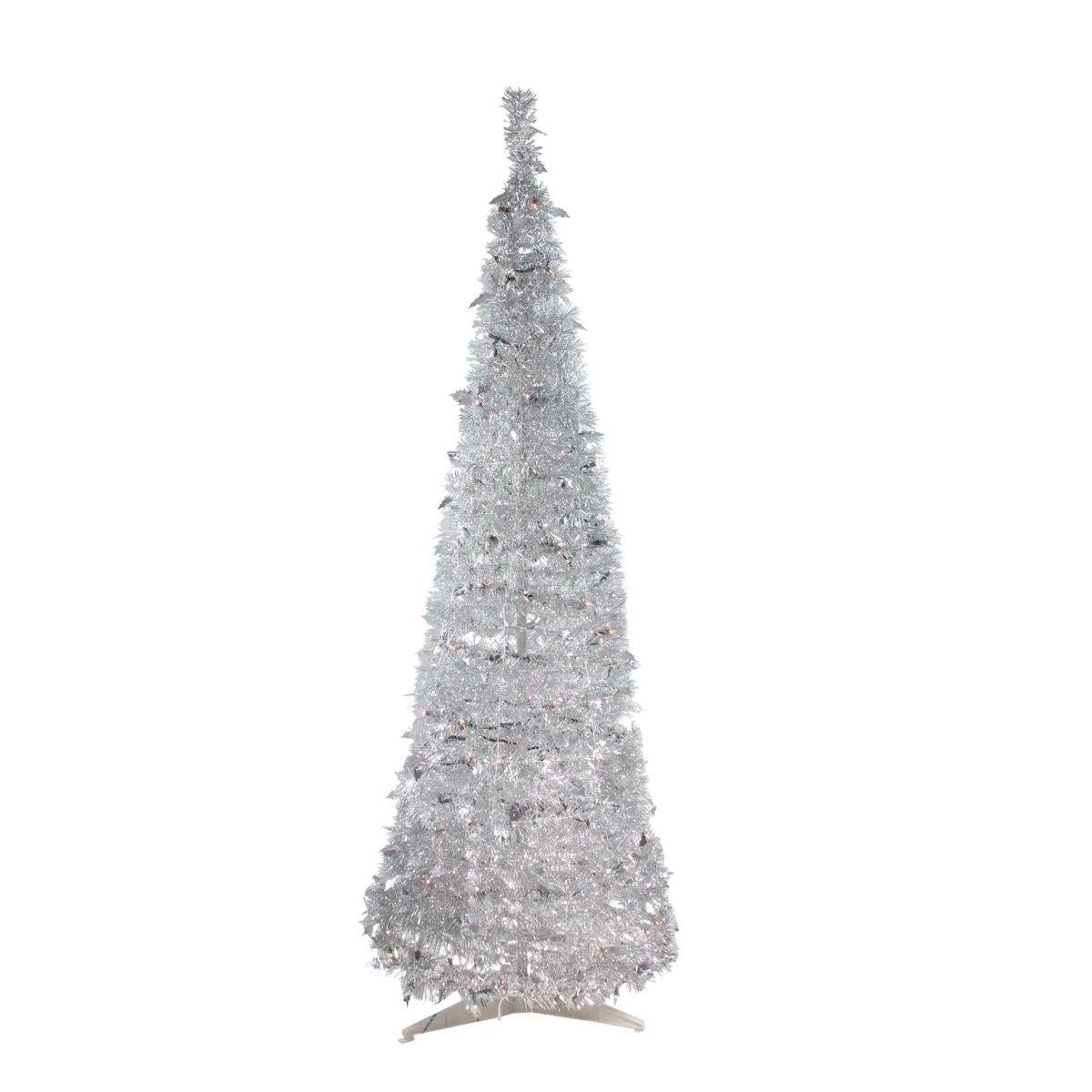 32911584 6 Ft. Pre-lit Silver Tinsel Pop-up Artificial Christmas Tree - Clear Lights