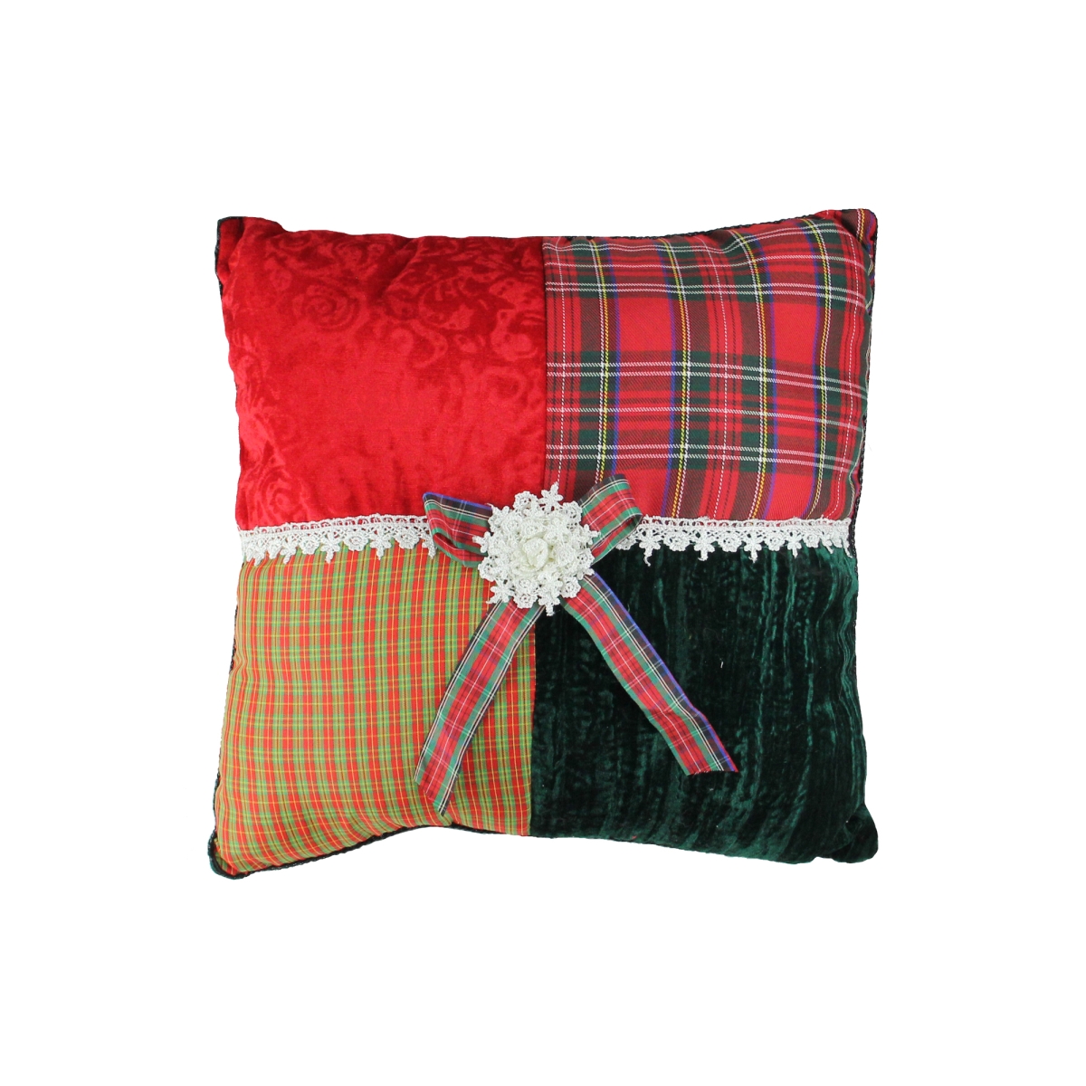 17022562 15.5 In. Red & Green Square Textured Tartan Plaid Velvet Christmas Throw Pillow