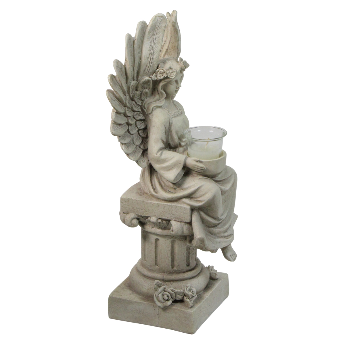 33377762 17 In. Peaceful Angel Sitting On A Pedastal Candle Holder Statue