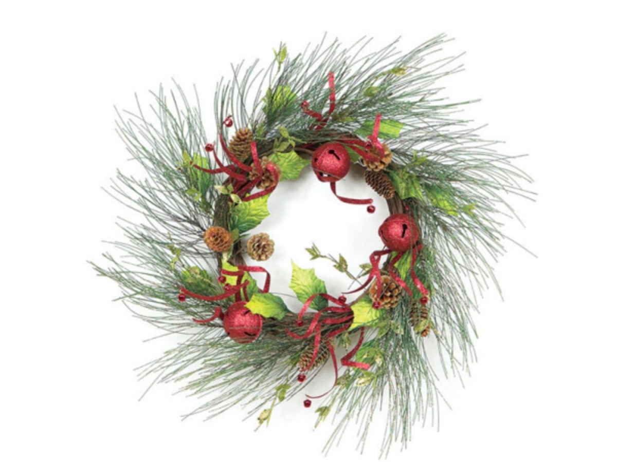 16190238 21 In. Christmas Brites Jingle Bell Glitter Artificial Wreath, Red & Green - Unlit