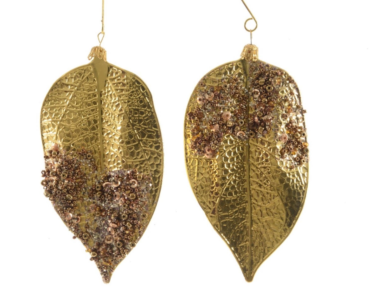 31748397 5 In. Luxury Lodge Embellished Golden Yellow Iron Leaf Christmas Ornaments - Set Of 2