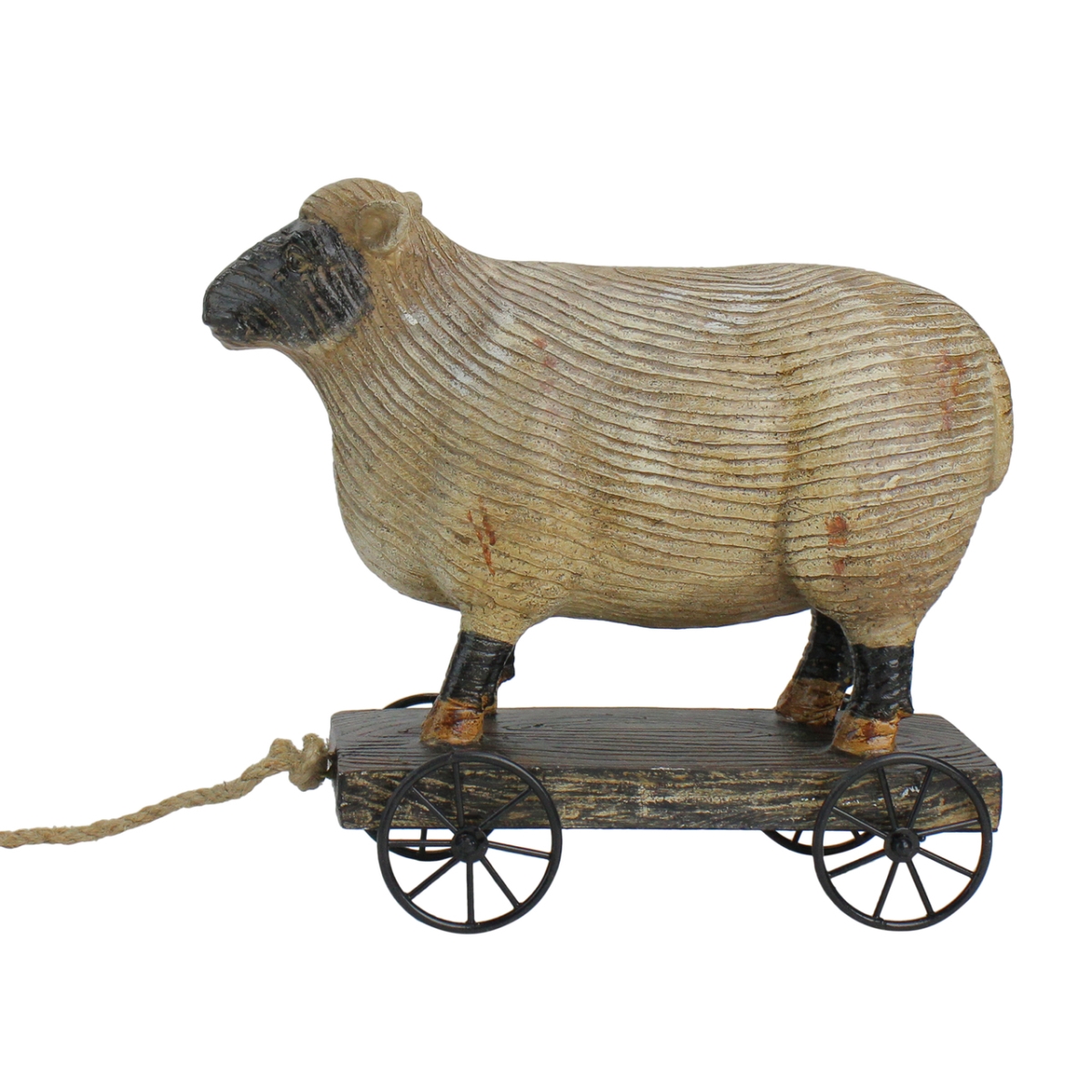 33377632 10 In. Black & White Wood Textured Sheep On Cart Outdoor Garden Statue