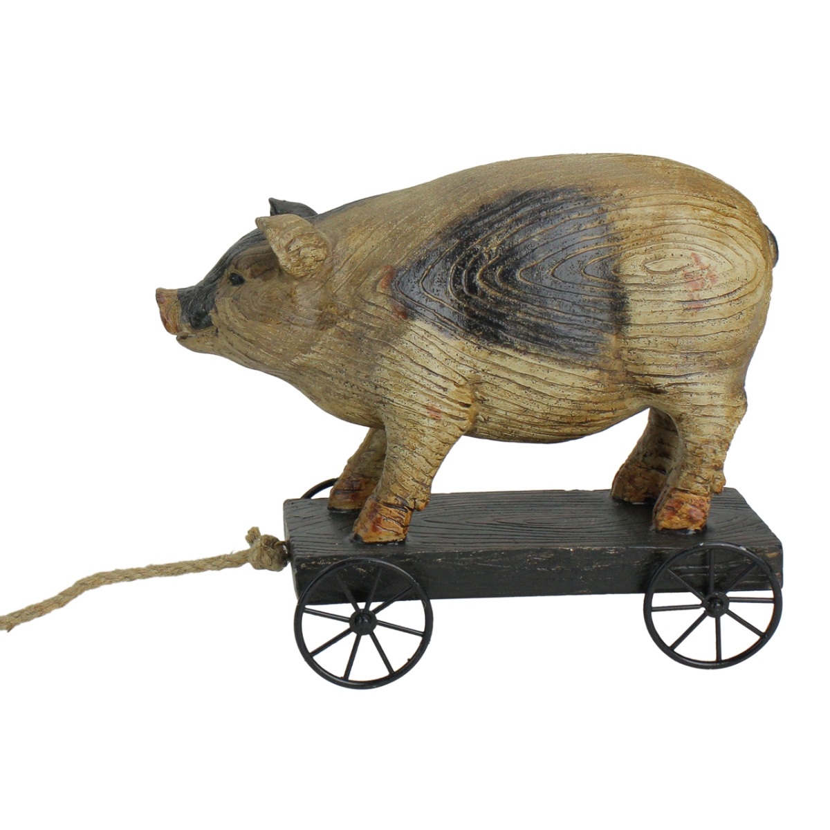 33377633 10 In. Black & White Wood Textured Pig On Cart Outdoor Garden Statue