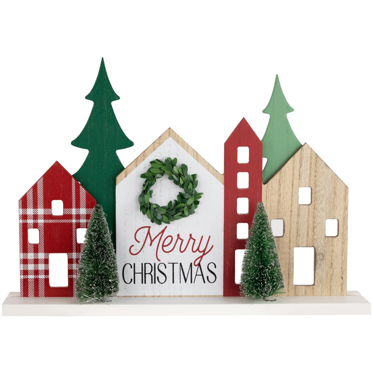 35706199 Christmas House with Trees Wooden Tabletop Decoration - 15 in.
