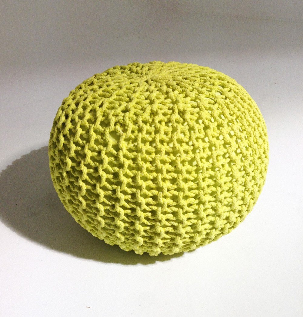 Kp08-50x35-12-0741 Handmade Round Knitted Pouf - Sunny Lime - 50 X 35 Cm