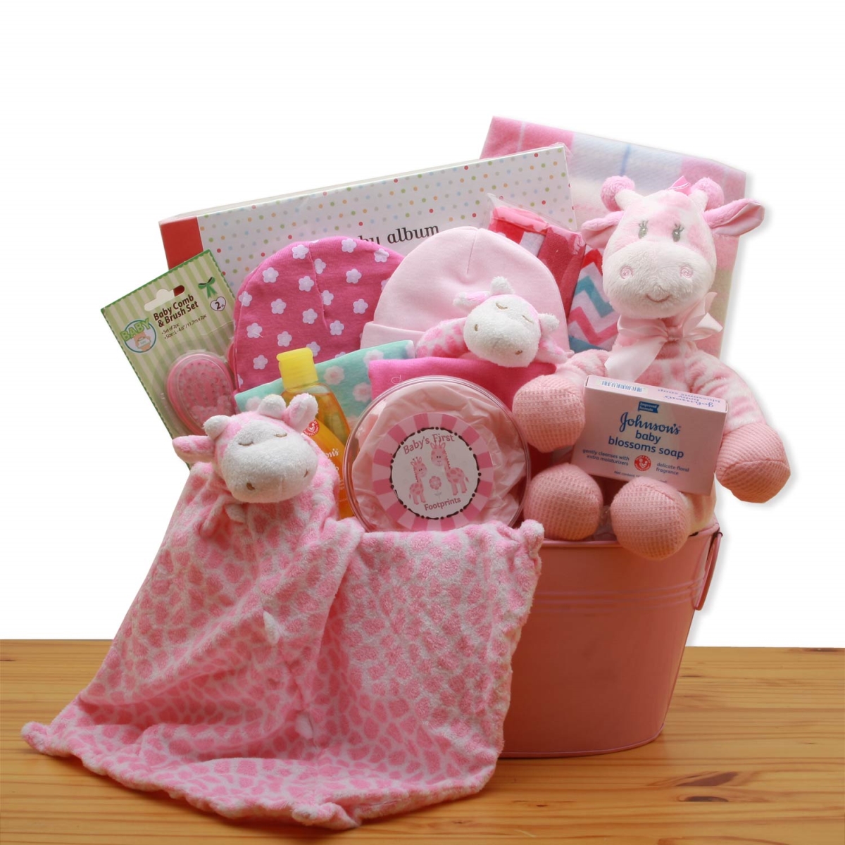 890852-p Comfy & Cozy Safari Friends New Baby Gift Basket - Pink