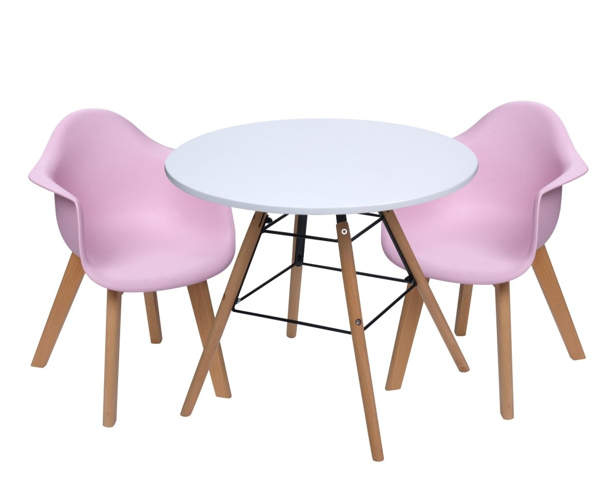 T3071p Mid-century Modern Round Kids Table With Pink Arm Two Chairs - 14 X 16.5 X 22.5 In.