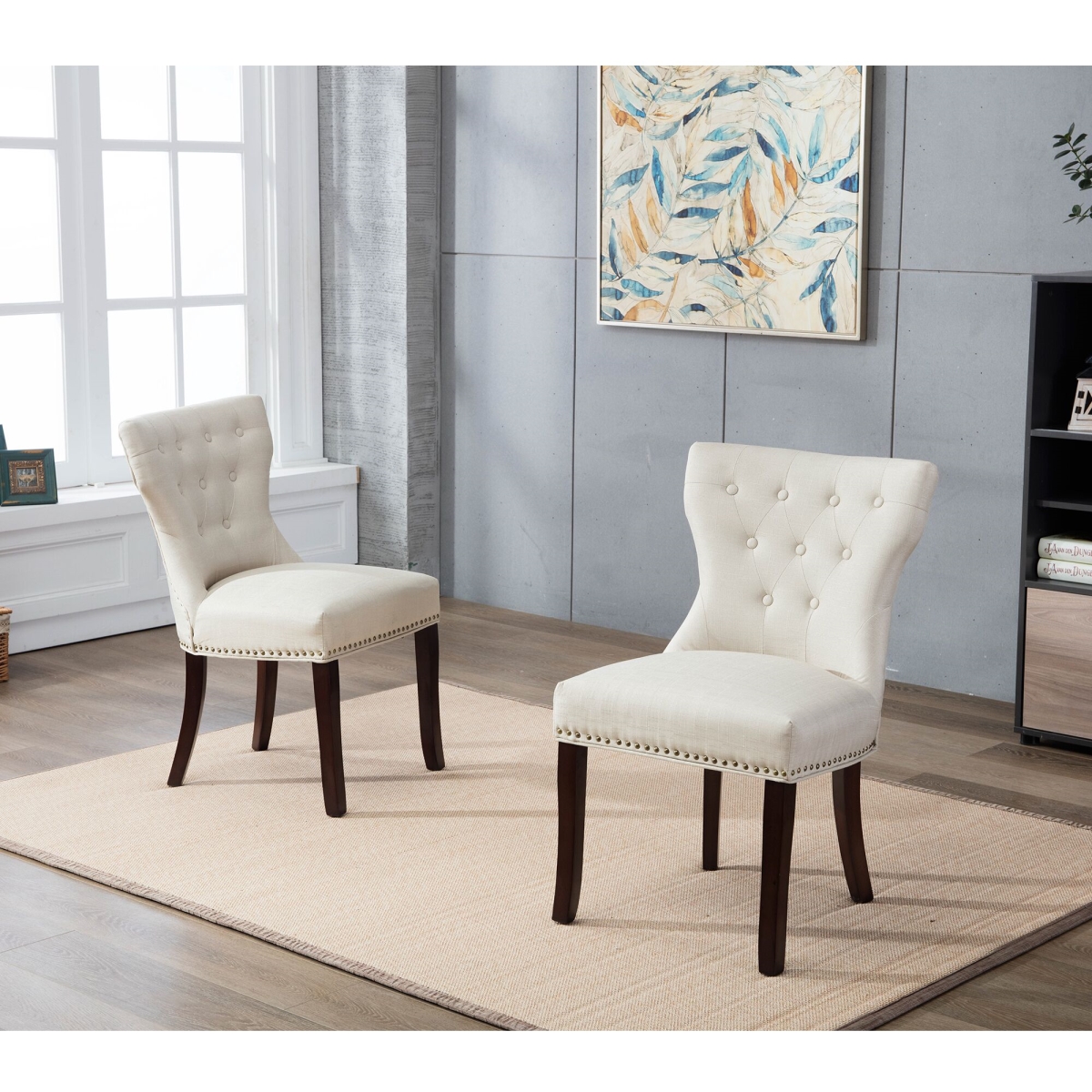 Ow-lss8097c-beige Mid Back Button-tufted Fabric Dining Side Chair, Beige - Set Of 2