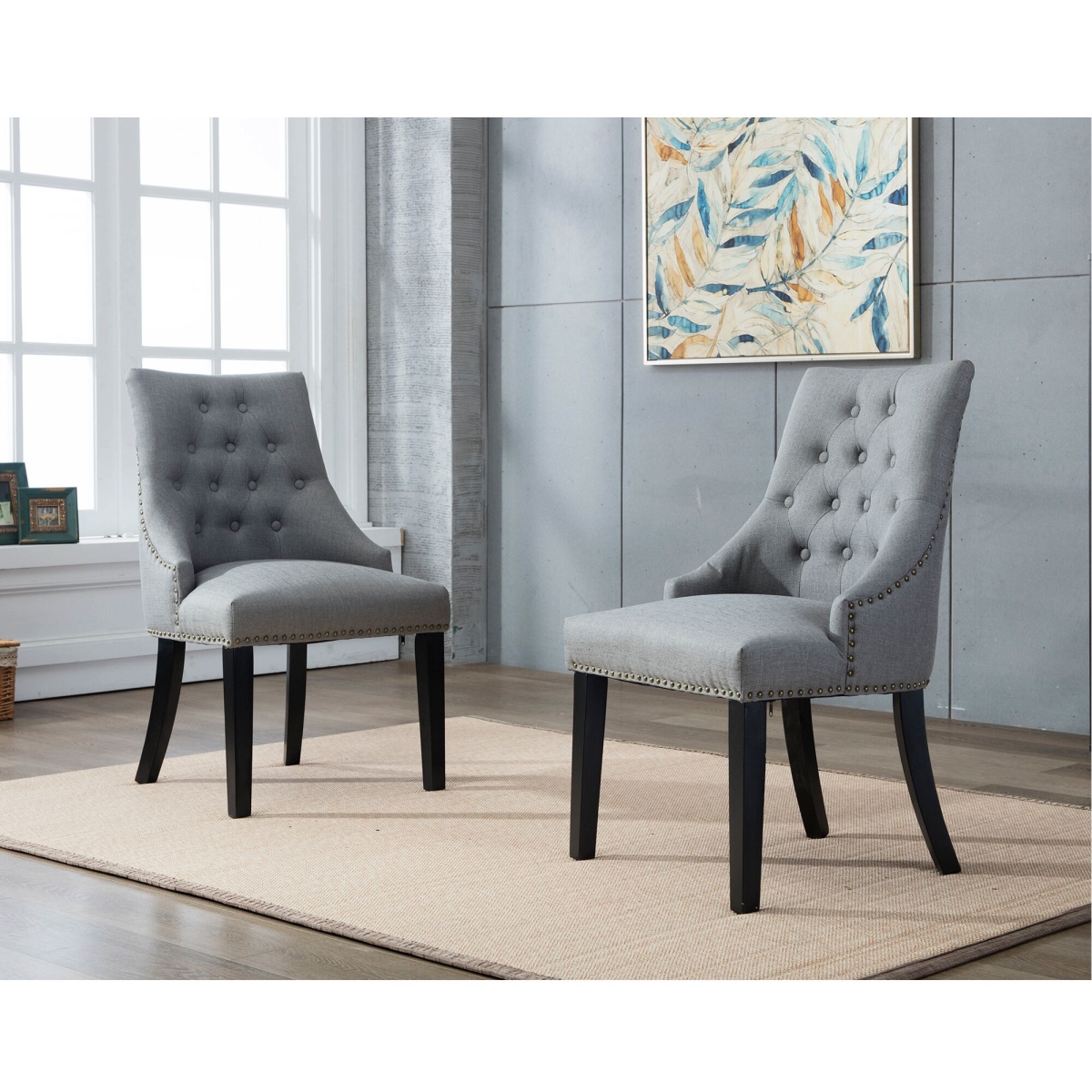 Lss-8229c02-gray Mid Back Button-tufted Fabric Dining Chair With Low-profile Armrest, Gray - Set Of 2