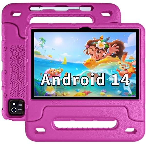 XS71074 Tablet Android 14 Tablet 10 in. Kids Tablets with Case Quad Core 64GB Dual Camera Parental Controls 2.4G Wi-Fi Educational Tablets - Pink