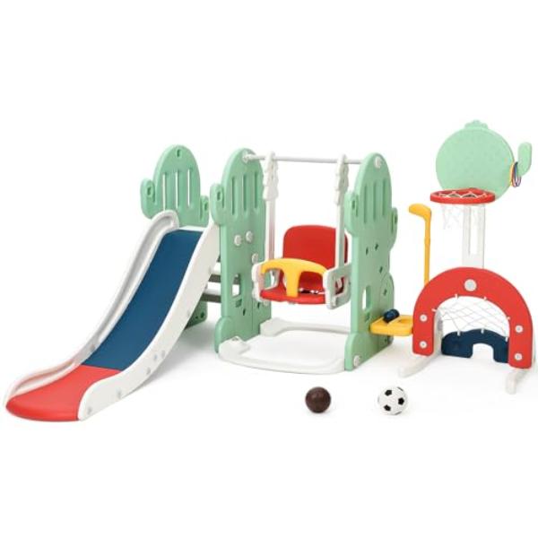 NT83820 7-in-1 Toddler Slide & Swing Set with Adjustable Swing & Basketball Hoop for Toddler - 1-3 Age