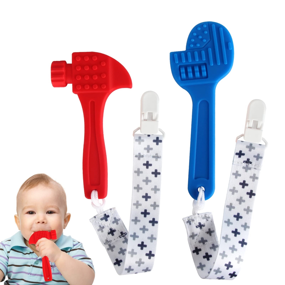 NT87244 Soft Silicone Teething Toys for Toddlers - Tools Shape Baby Teethers Hammer Set - Pack of 2