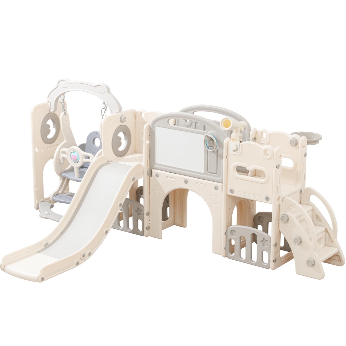 NT85110 12-in-1 Toddler Playset with Swing & Slide Set, Climber, Basketball Hoop, Tunnel Crawl Toys - Gray